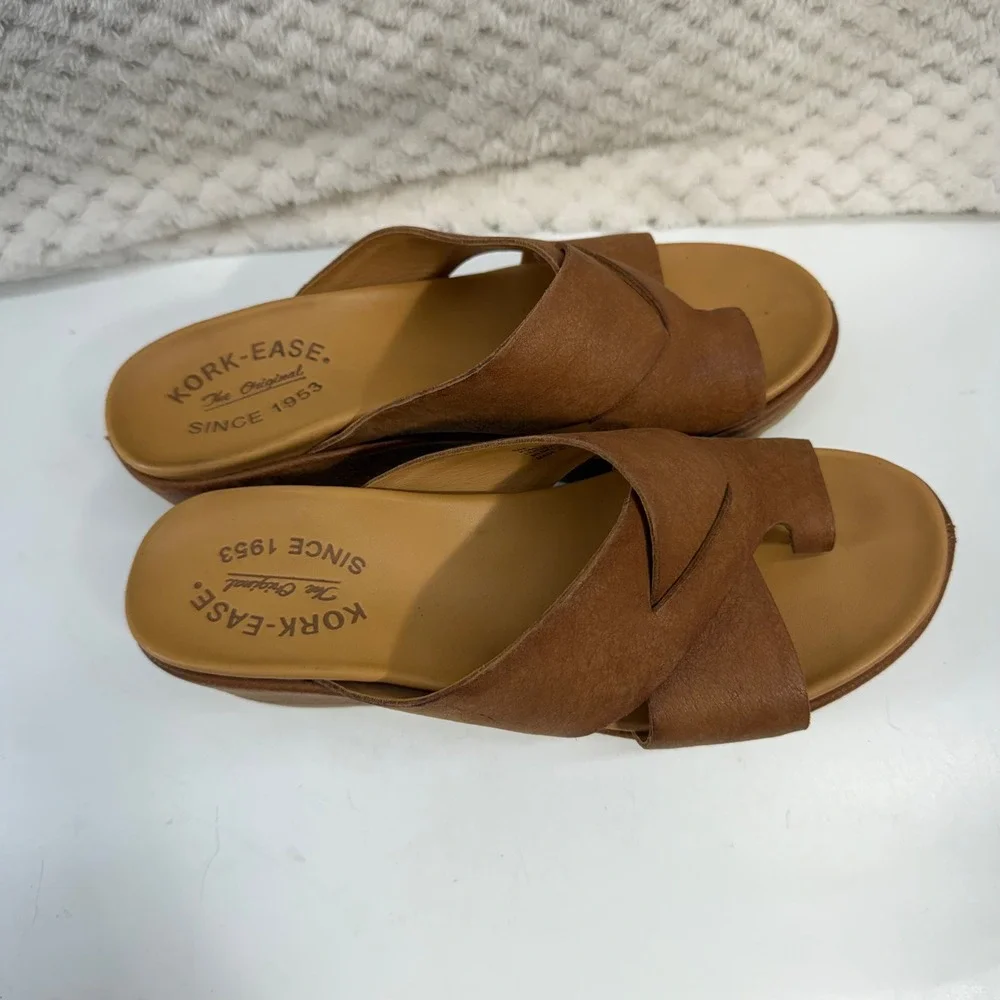Kork-Ease K66057 Platform Slide Sandals Womens 6 Brown Leather Toe Loop Wedge
